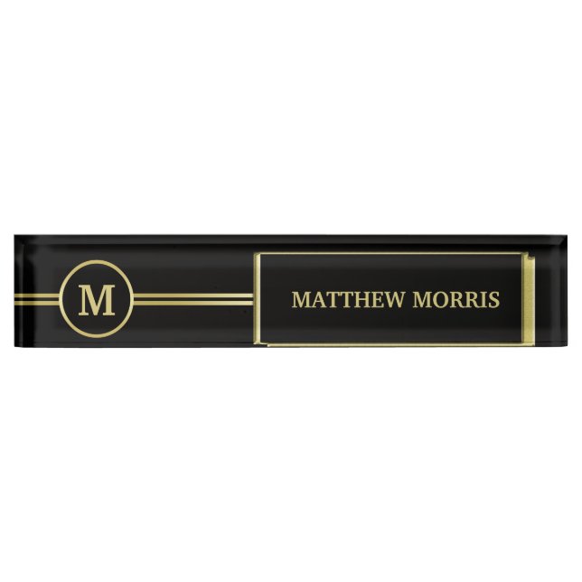 Placa De Nombre Elegante oro Monograma personalizado sobre negro (Anverso)
