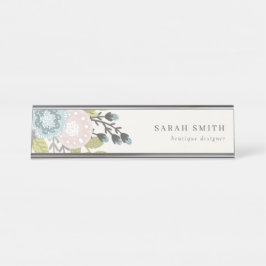 Placa De Nombre Elegante Pastel Boho Rubor Blue Green Leafy Floral