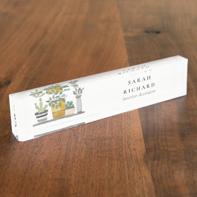 Placa De Nombre Elegante Planta de Casa Pott Acuarela Botánica (Lateral)