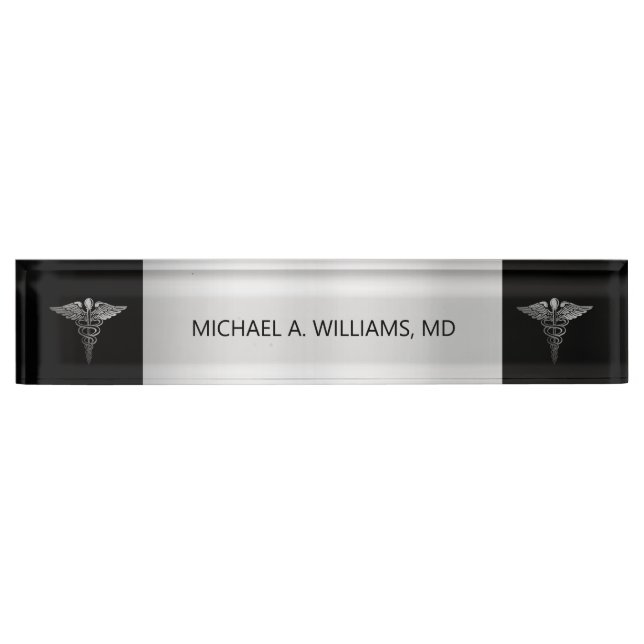 Placa De Nombre Elegante plata sobre Médica médico del Caducto Neg (Anverso)