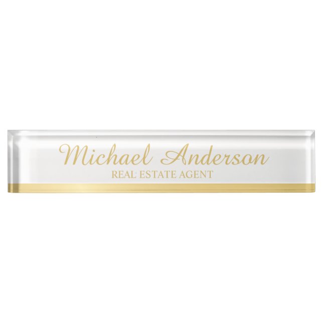 Placa De Nombre Elegante profesional blanco y oro (Anverso)