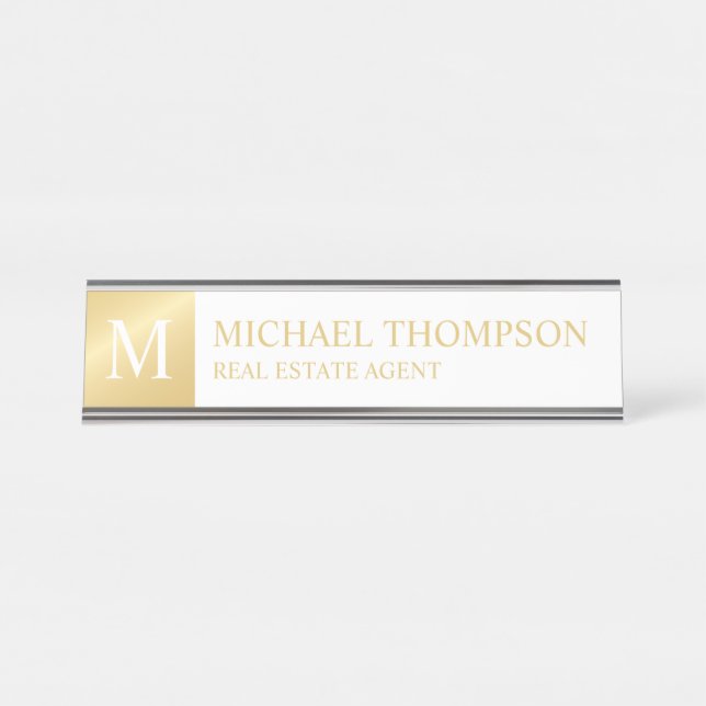 Placa De Nombre Elegante profesional blanco y oro (Anverso)