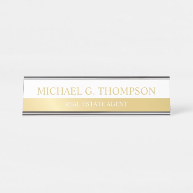 Placa De Nombre Elegante profesional blanco y oro (Anverso)
