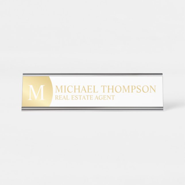 Placa De Nombre Elegante profesional blanco y oro (Anverso)