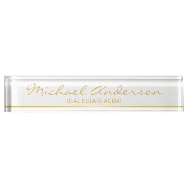 Placa De Nombre Elegante profesional blanco y oro (Anverso)