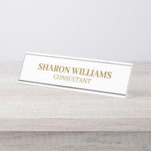 Placa De Nombre Elegante Profesional Elegante Oro Blanco Mínimo