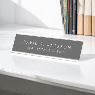 Placa De Nombre Elegante Profesional Gris White
