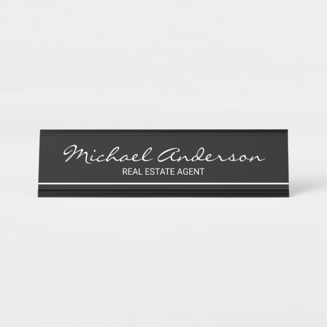 Placa De Nombre Elegante profesional negro y blanco (Anverso)