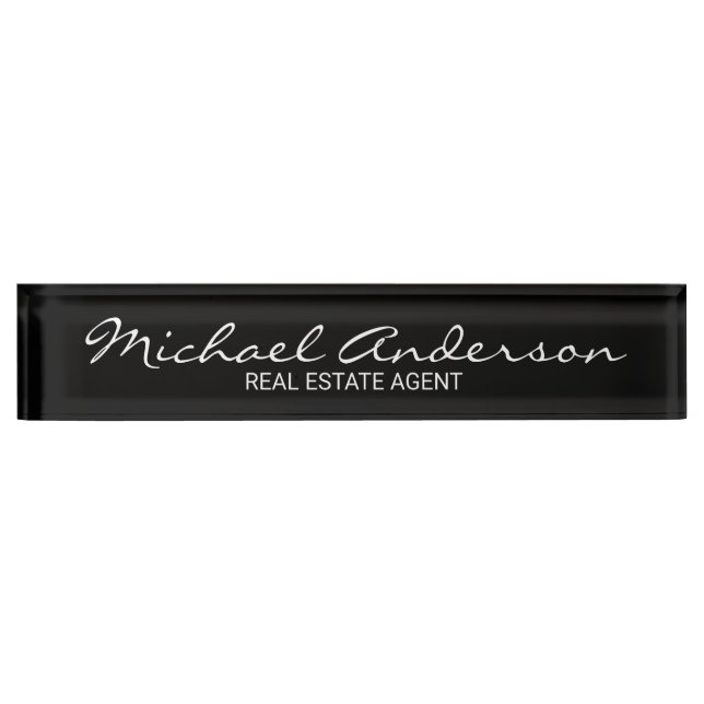 Placa De Nombre Elegante profesional negro y blanco (Anverso)
