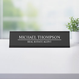 Placa De Nombre Elegante profesional negro y blanco