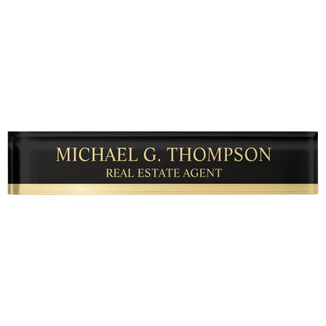 Placa De Nombre Elegante profesional negro y oro (Anverso)