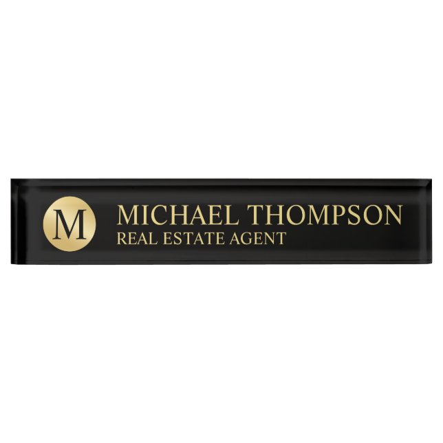 Placa De Nombre Elegante profesional negro y oro (Anverso)