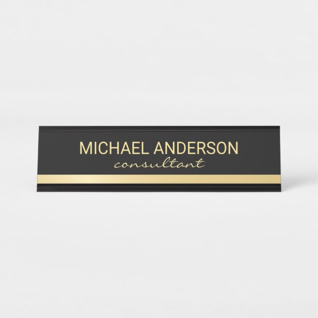 Placa De Nombre Elegante profesional negro y oro (Anverso)