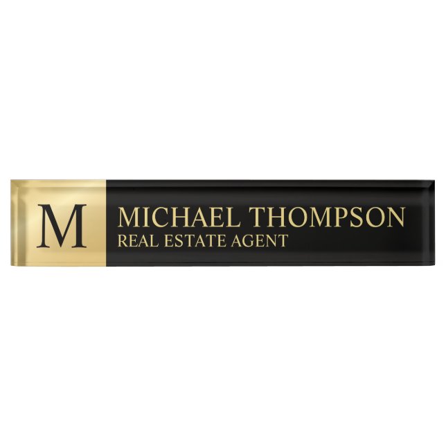 Placa De Nombre Elegante profesional negro y oro (Anverso)