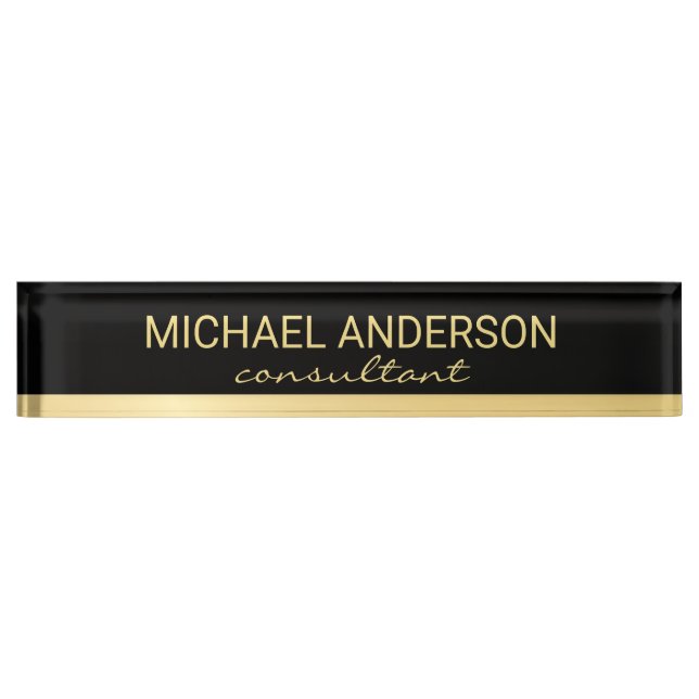 Placa De Nombre Elegante profesional negro y oro (Anverso)