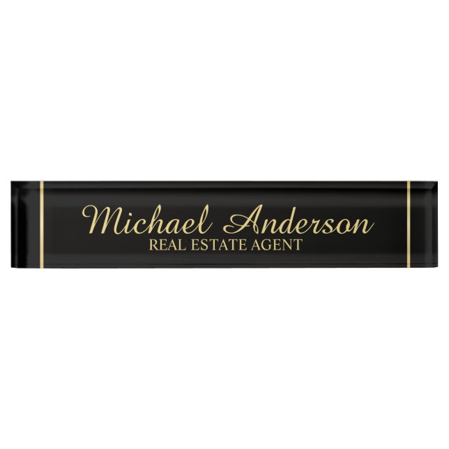 Placa De Nombre Elegante profesional negro y oro (Anverso)