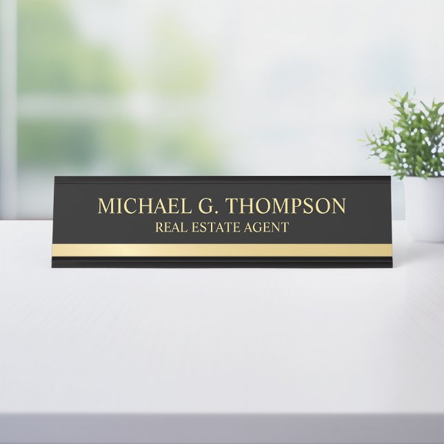 Placa De Nombre Elegante profesional negro y oro (Subido por el creador)
