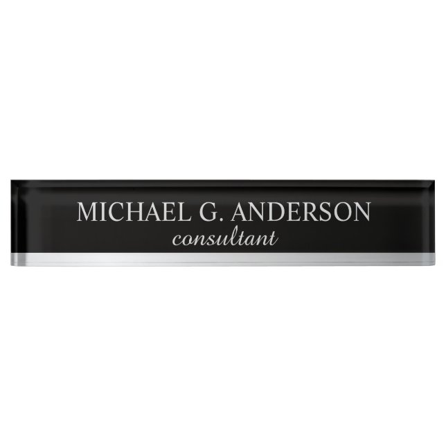 Placa De Nombre Elegante profesional negro y plateado (Anverso)