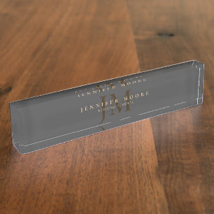Placa De Nombre Elegante Profesional Plain Gray Gold