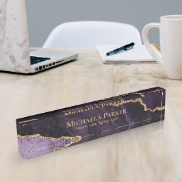 Placa De Nombre Elegante Purple y Gold Agate Geode Profesional
