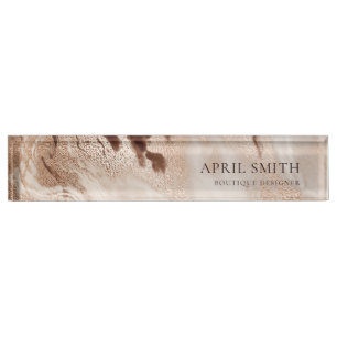 Placa De Nombre Elegante Purpurina de oro Agate Marble Textura Bei