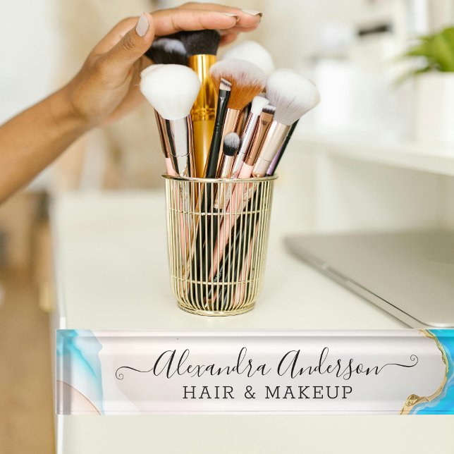 Placa De Nombre Elegante Purpurina de oro azul mármol y árido blan (Elegant Marble Blue and White Agate Gold Glitter Desk Name Plate)