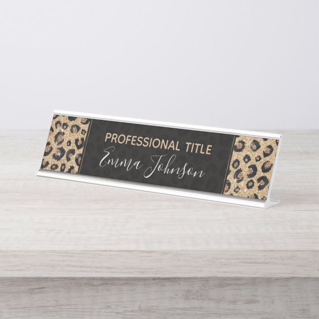 Placa De Nombre Elegante Purpurina dorado Leopardo negro (Anverso)