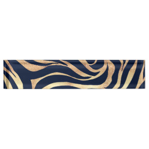 Placa De Nombre Elegante Purpurina dorado Zebra Nay-Blue Animal Pr