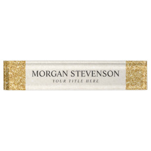Placa De Nombre Elegante Purpurina Faux Gold