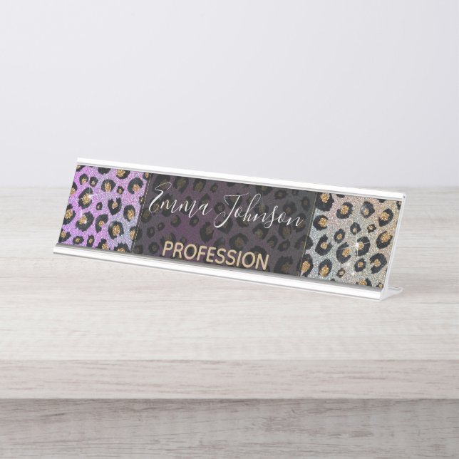 Placa De Nombre Elegante Purpurina rosa azul dorado Leopardo negro (Anverso)