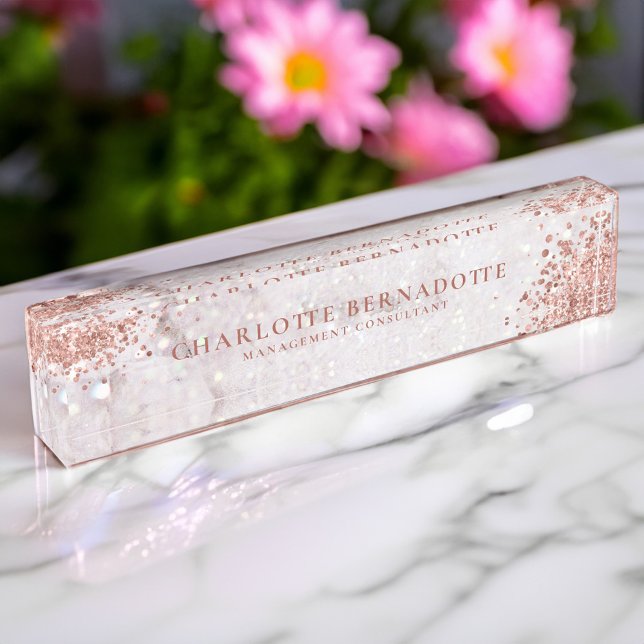 Placa De Nombre Elegante Purpurina Rosa de oro de espuma de mármol (Elegant White Marble Sparkle Rose Gold Glitter Desk Name Plate)