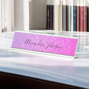 Placa De Nombre Elegante Purpurina rosa morado destello moderno