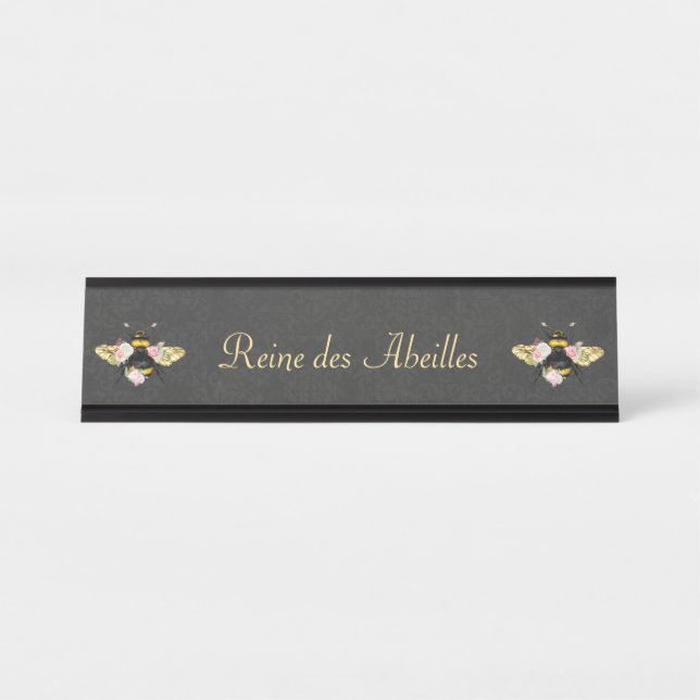 Placa De Nombre Elegante reina francesa abeja rosa Roses gris oro (Anverso)