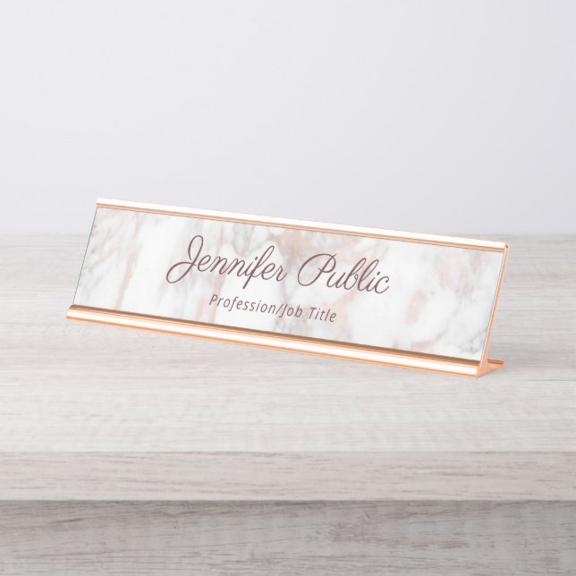 Placa De Nombre Elegante Rosa de oro Marble de oro escritura moder (Anverso)