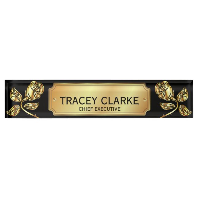 Placa De Nombre Elegante Rosa De Oro Y Jefe Ejecutivo Negro (Anverso)