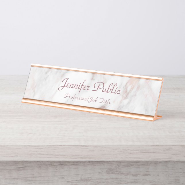 Placa De Nombre Elegante Rosa Gold Marble Moderno Plantilla de mod (Anverso)