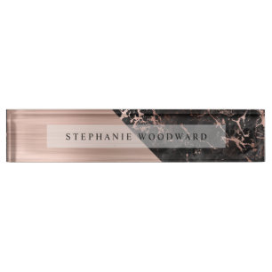 Placa De Nombre Elegante Rosa Oro Metal Brillado Mármol Negro