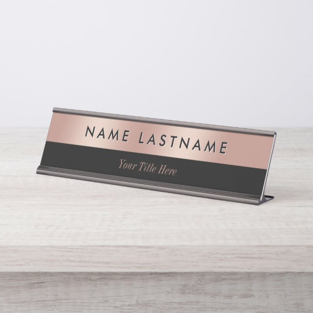 Placa De Nombre Elegante Rosa  Oro Negro Moderno Personalizado (Anverso)