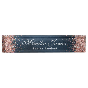 Placa De Nombre Elegante Rosa Purpurina de oro Relieve metalizado
