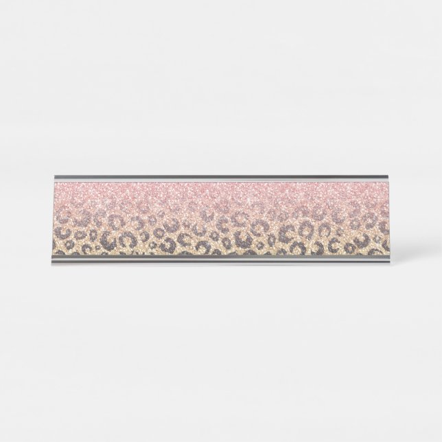 Placa De Nombre Elegante Rosa Purpurina dorado Leopardo negro (Anverso)