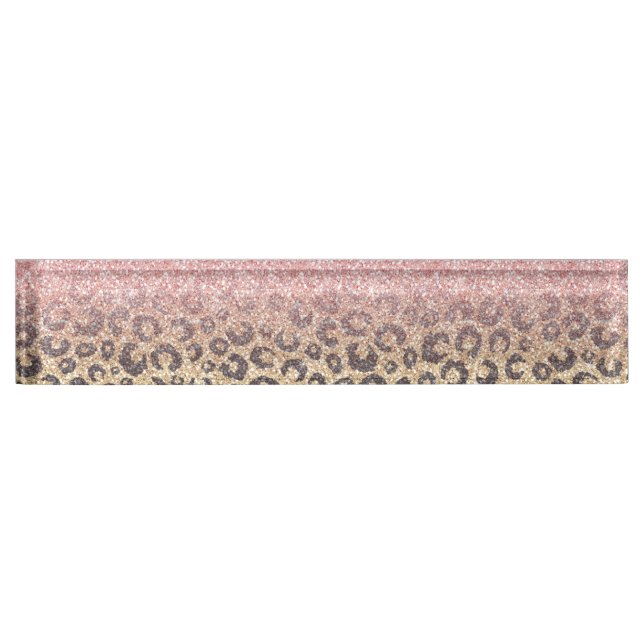Placa De Nombre Elegante Rosa Purpurina dorado Leopardo negro (Anverso)