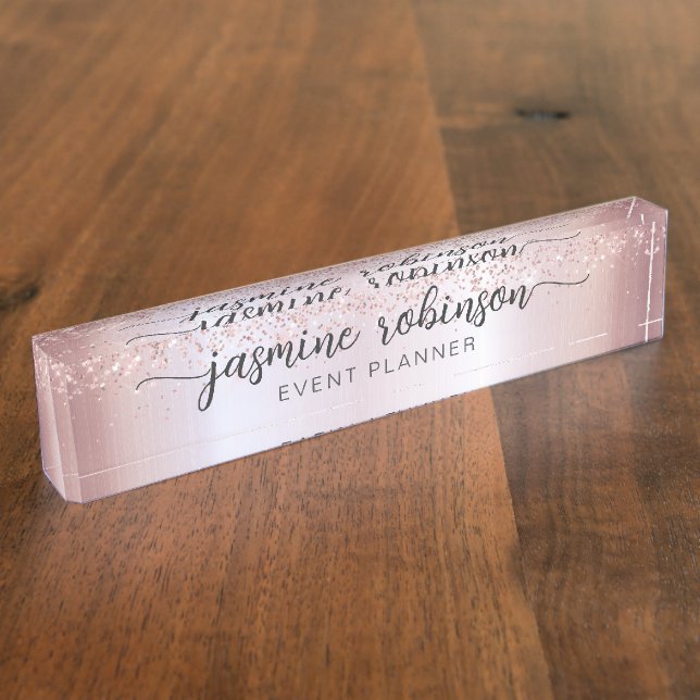 Placa De Nombre Elegante Rosa Purpurina Gold Profesional Monograma (Lateral)