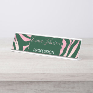 Placa De Nombre Elegante Rosa Verde Oro Purpurina Cebra