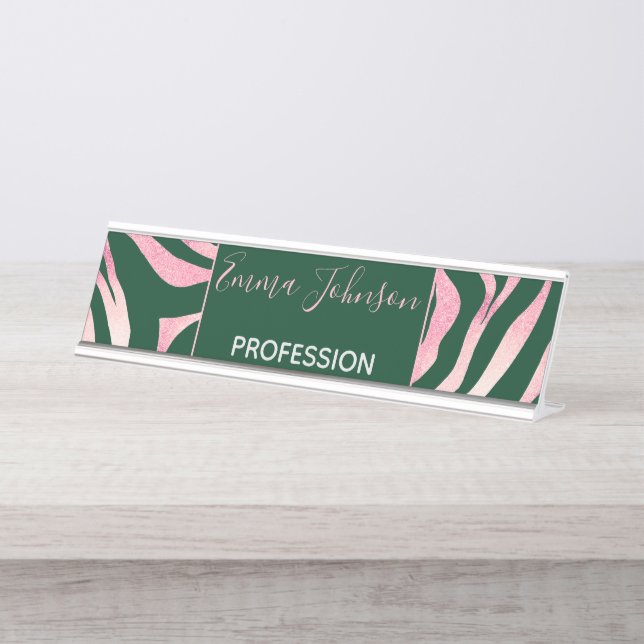 Placa De Nombre Elegante Rosa Verde Oro Purpurina Cebra (Anverso)