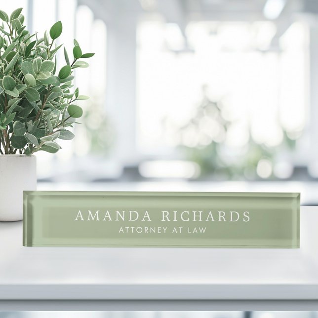 Placa De Nombre Elegante sabio verde y blanco de moda (Elegant sage green and white trendy desk name plate)