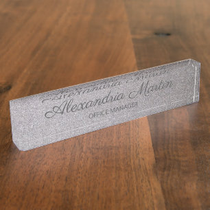Placa De Nombre Elegante Script Metallic Silver Name Job Title