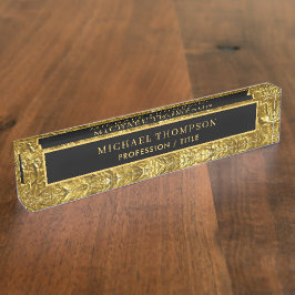 Placa De Nombre Elegante textura de Relieve metalizado dorado negr