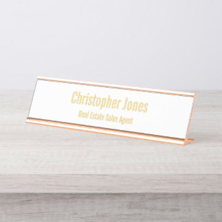 Placa De Nombre Elegante White Faux Gold Office Executive Title DI