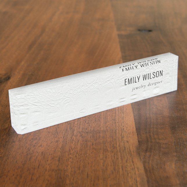 Placa De Nombre Elegante y elegante textura de cuero blanco marfil (Lateral)