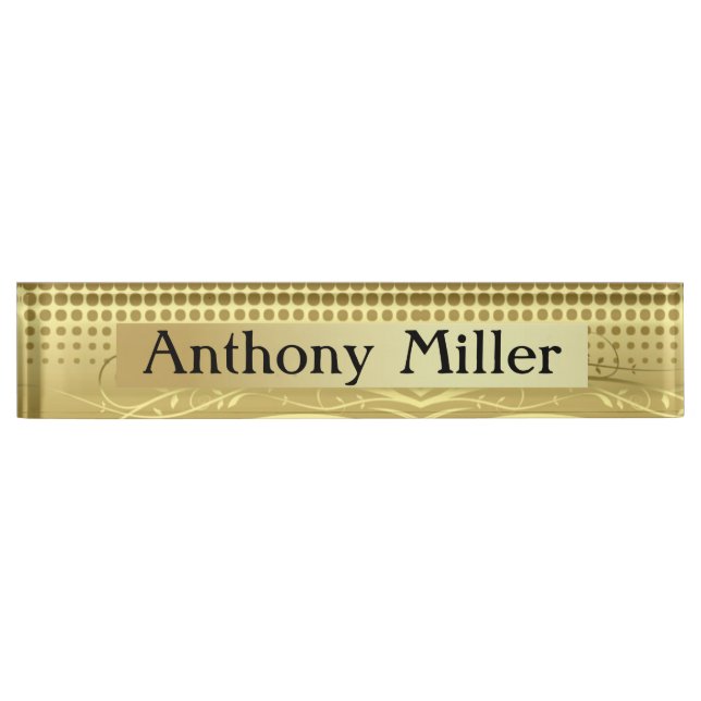 Placa De Nombre Elegantes Swirls Gold y puntos Polka (Anverso)